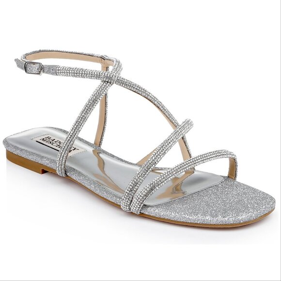 Badgley Mischka Ivie Strappy Flat Sandals Size 8 Silver Rhinestone Embellished - Picture 1 of 12